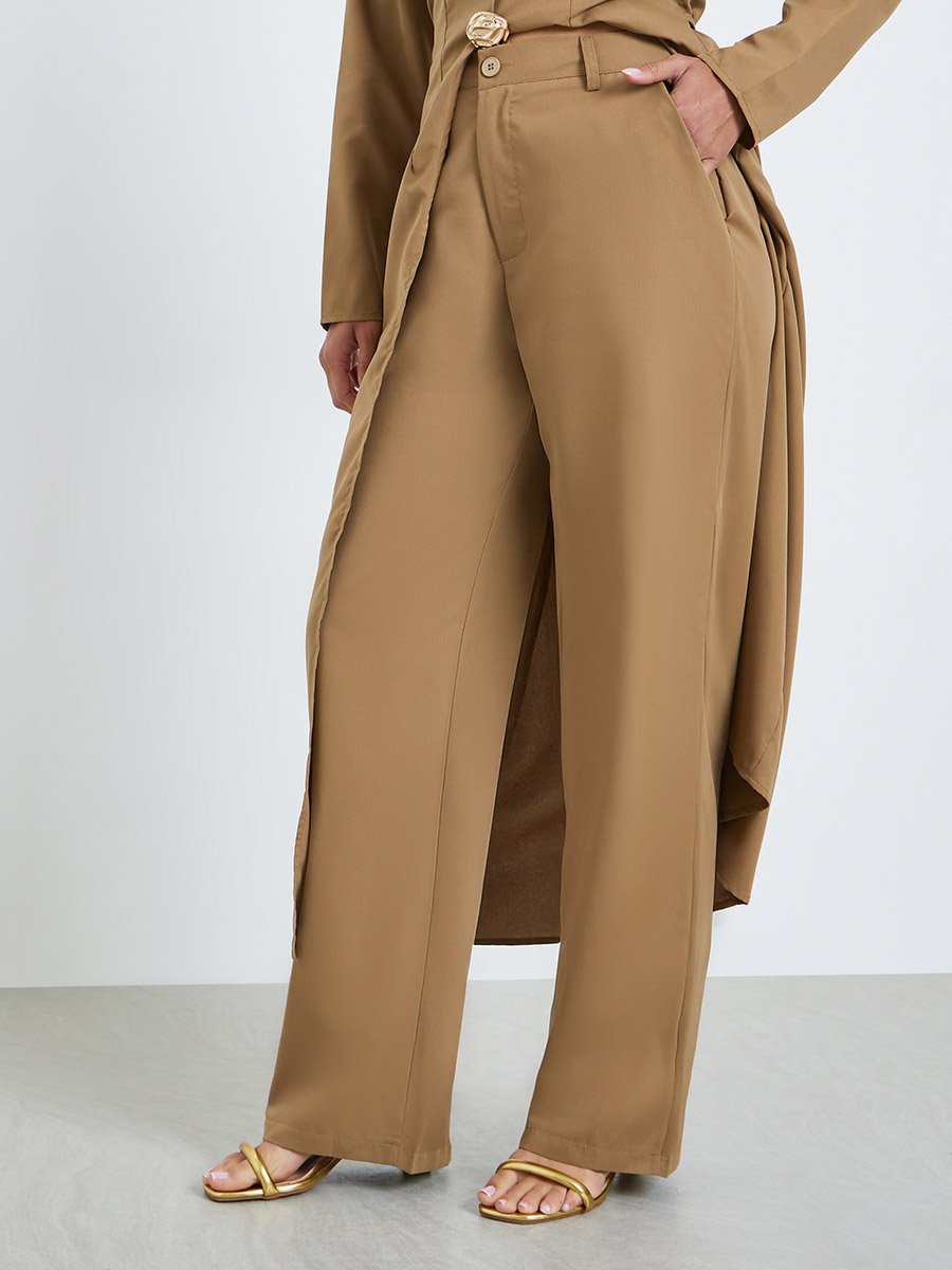 Women Metal Button Accent Long Top and Pants Co-Ords