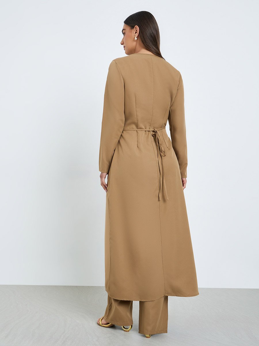 Women Metal Button Accent Long Top and Pants Co-Ords
