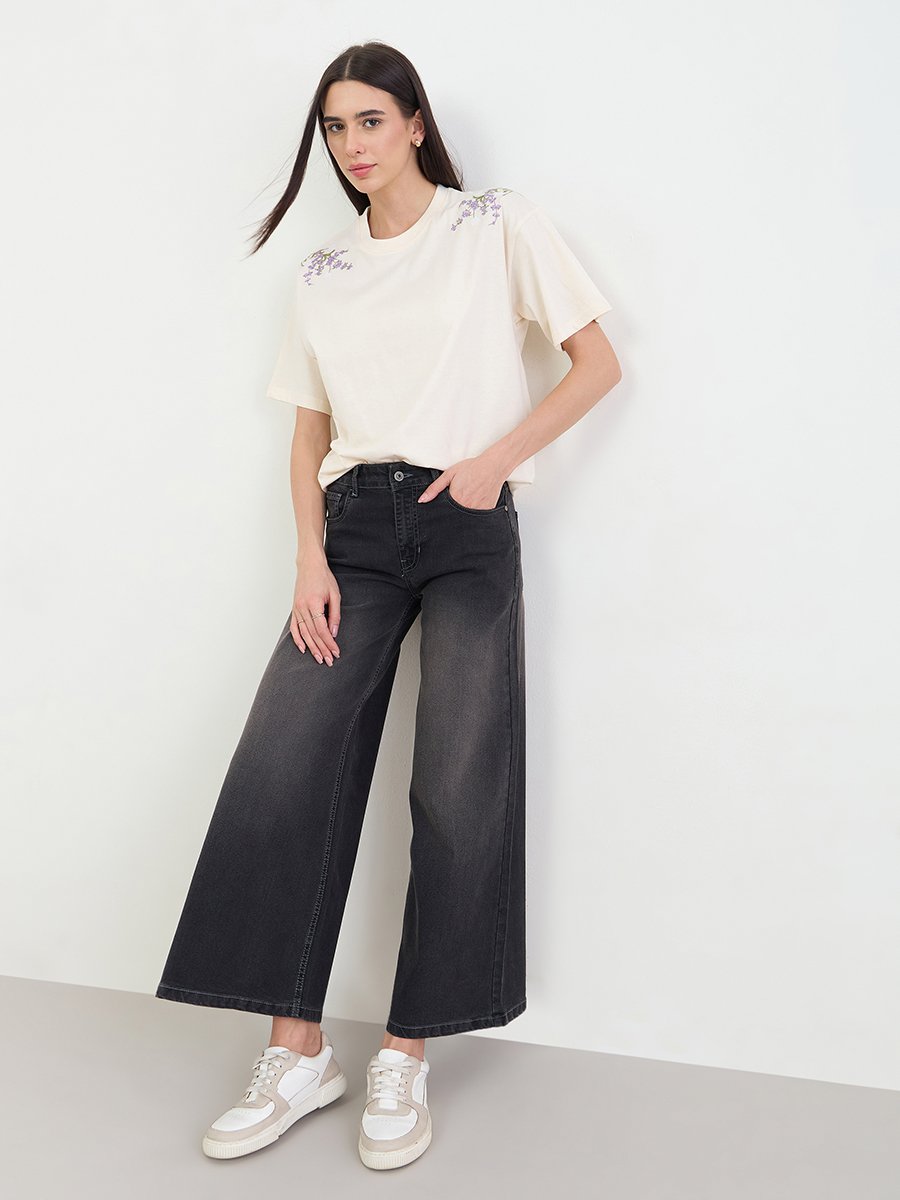 Cream Oversized Shoulder Embroidered 100% Cotton T-Shirt