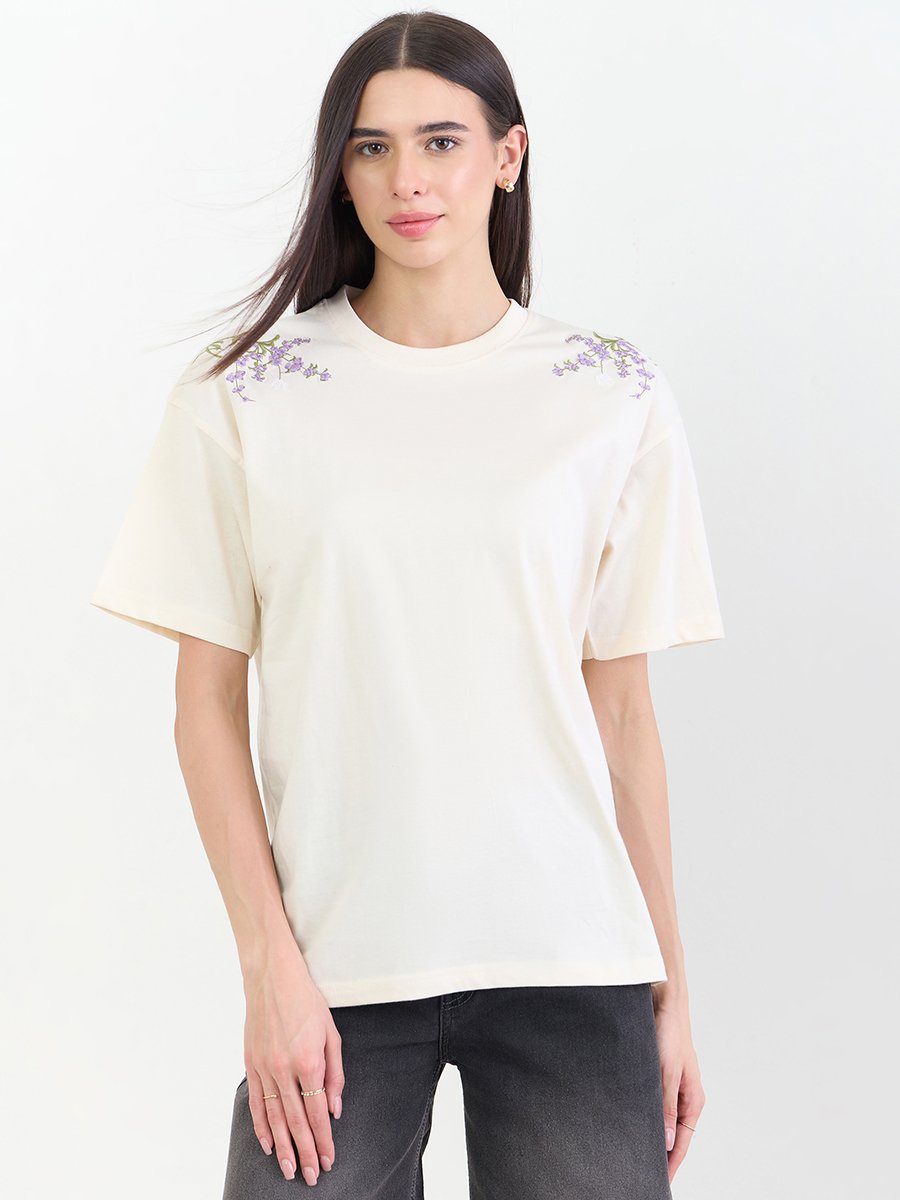 Cream Oversized Shoulder Embroidered 100% Cotton T-Shirt