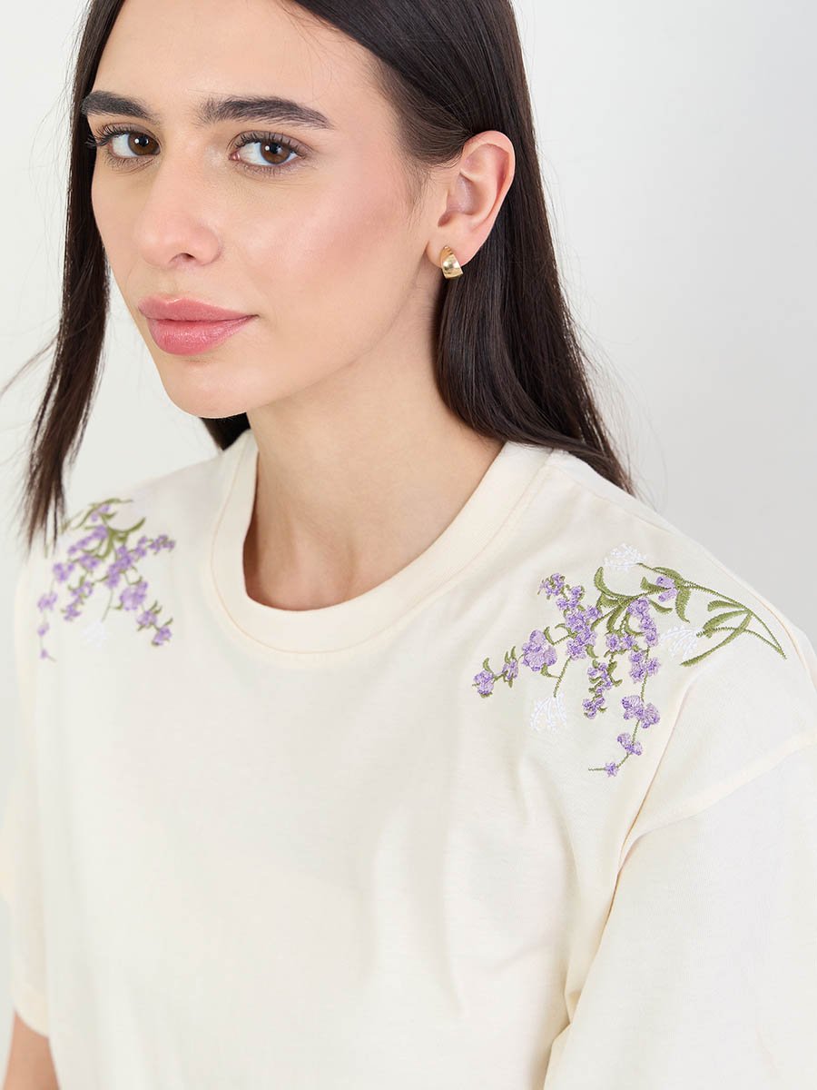 Cream Oversized Shoulder Embroidered 100% Cotton T-Shirt