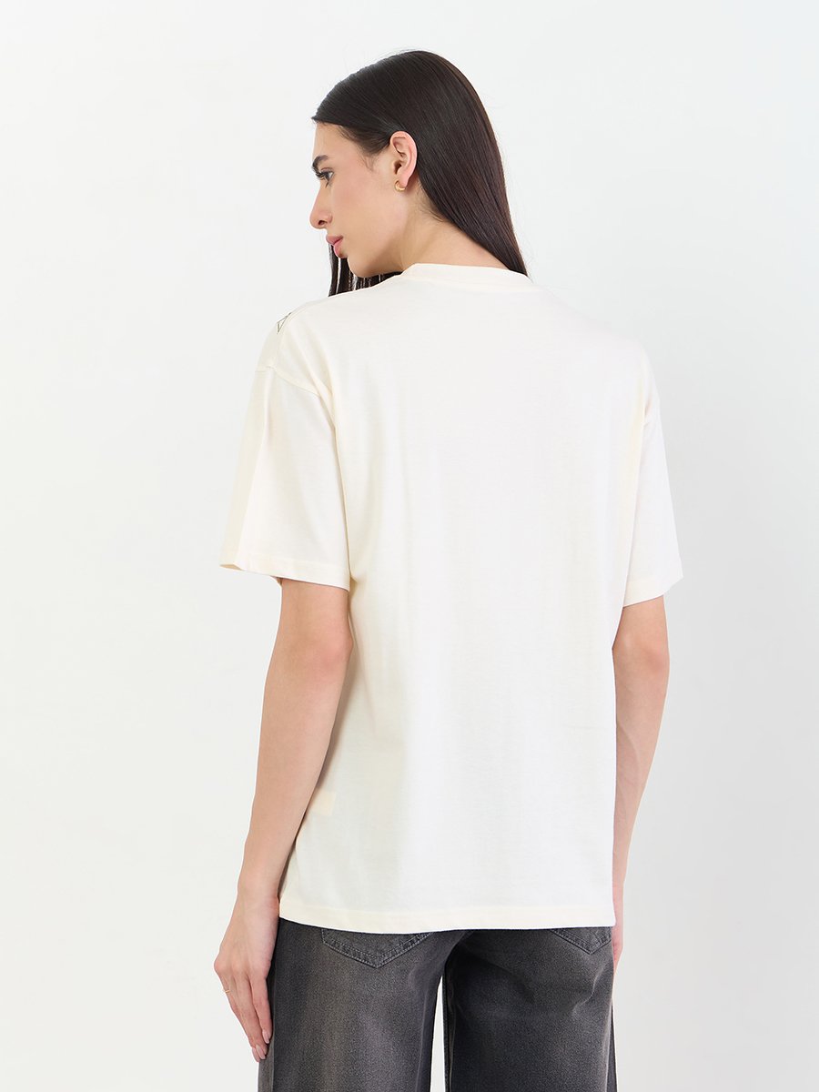 Cream Oversized Shoulder Embroidered 100% Cotton T-Shirt