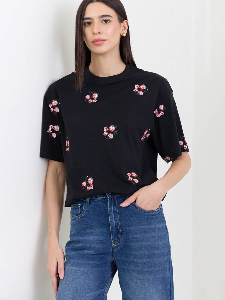 Black Oversized Dark Bunch Floral 100% Cotton T- Shirt