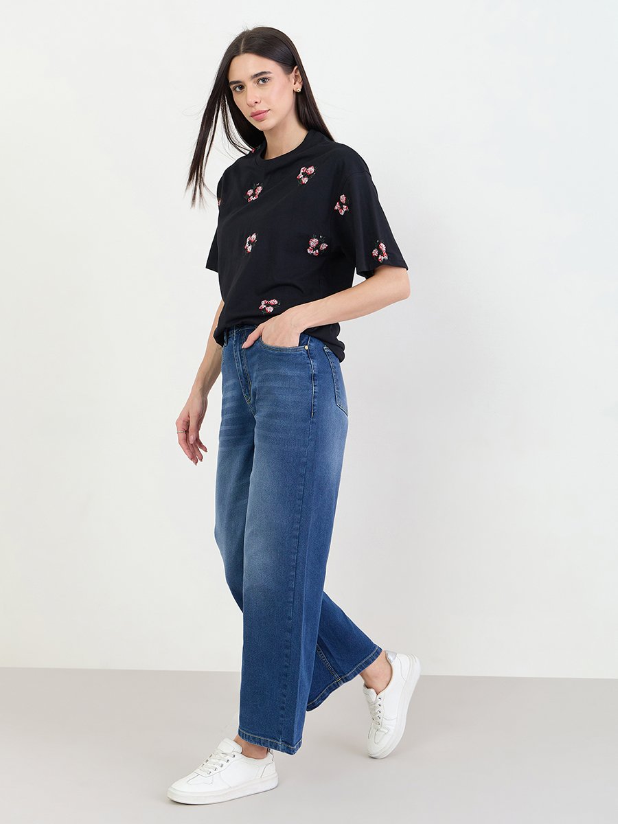 Black Oversized Dark Bunch Floral 100% Cotton T- Shirt