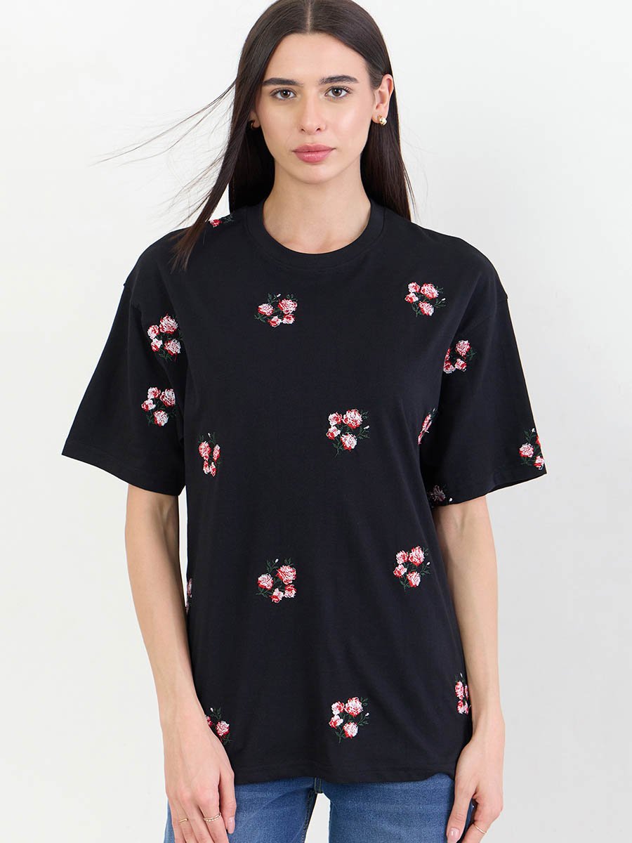 Black Oversized Dark Bunch Floral 100% Cotton T- Shirt
