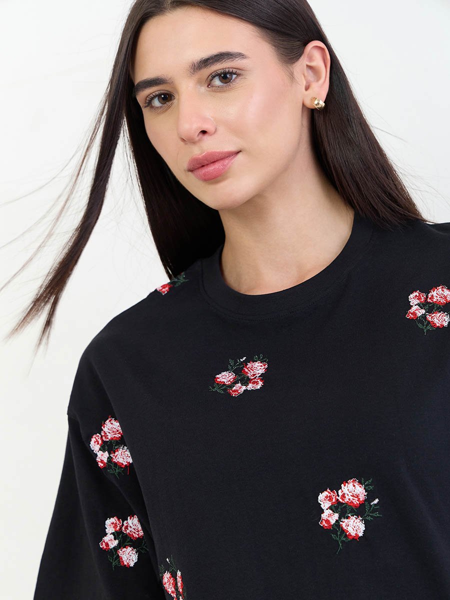 Black Oversized Dark Bunch Floral 100% Cotton T- Shirt