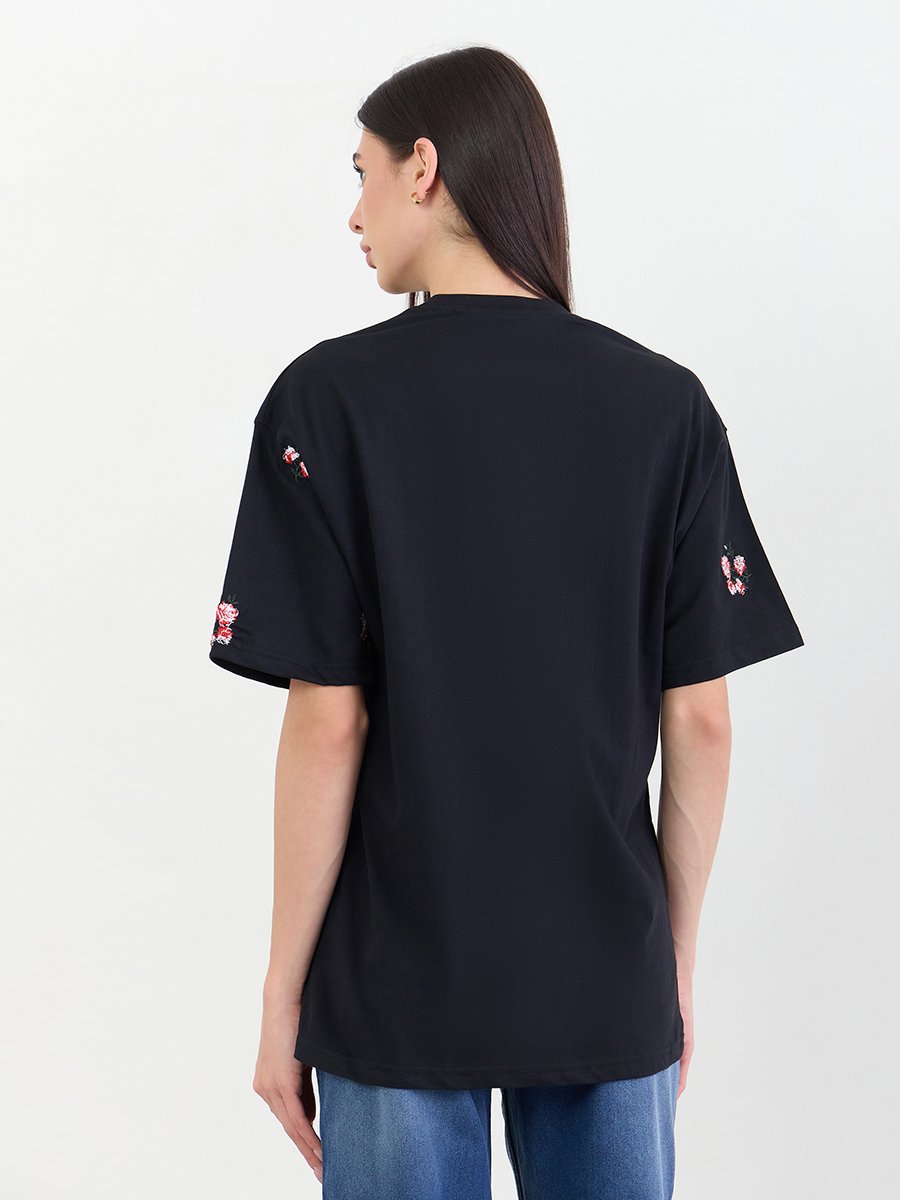 Black Oversized Dark Bunch Floral 100% Cotton T- Shirt