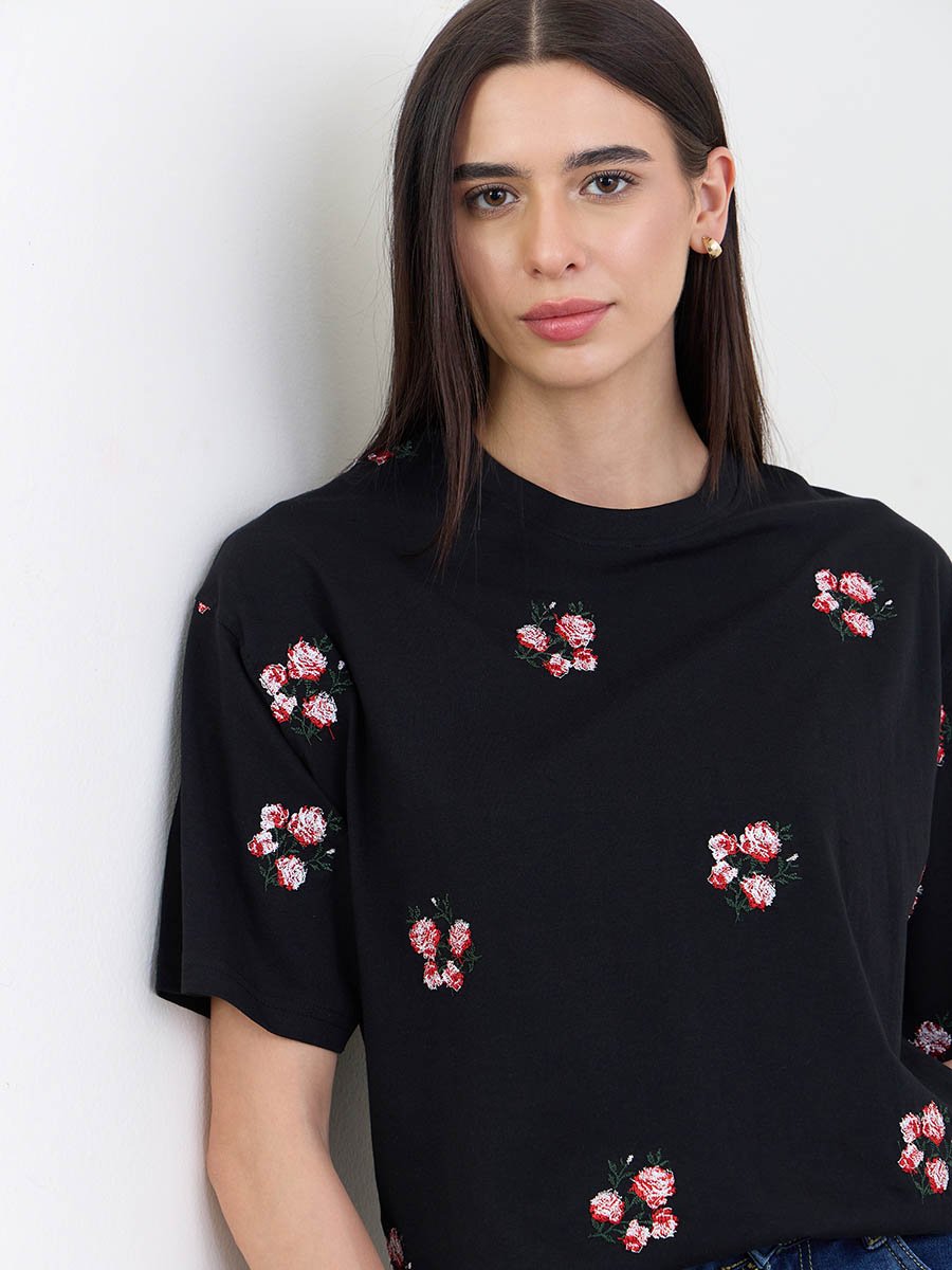 Black Oversized Dark Bunch Floral 100% Cotton T- Shirt