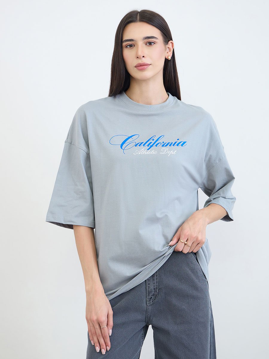Grey Oversized Cotton T-Shirt wit Dropped Shoulder