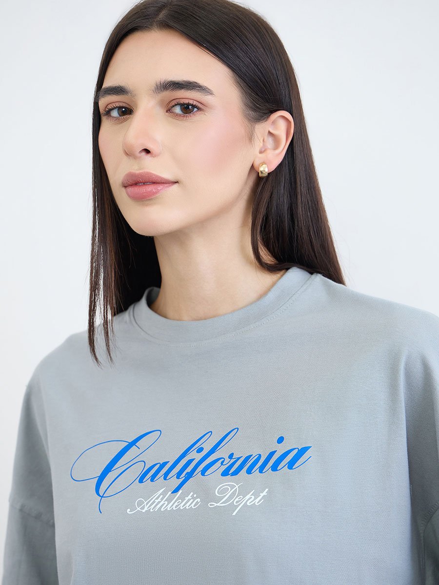 Grey Oversized Cotton T-Shirt wit Dropped Shoulder