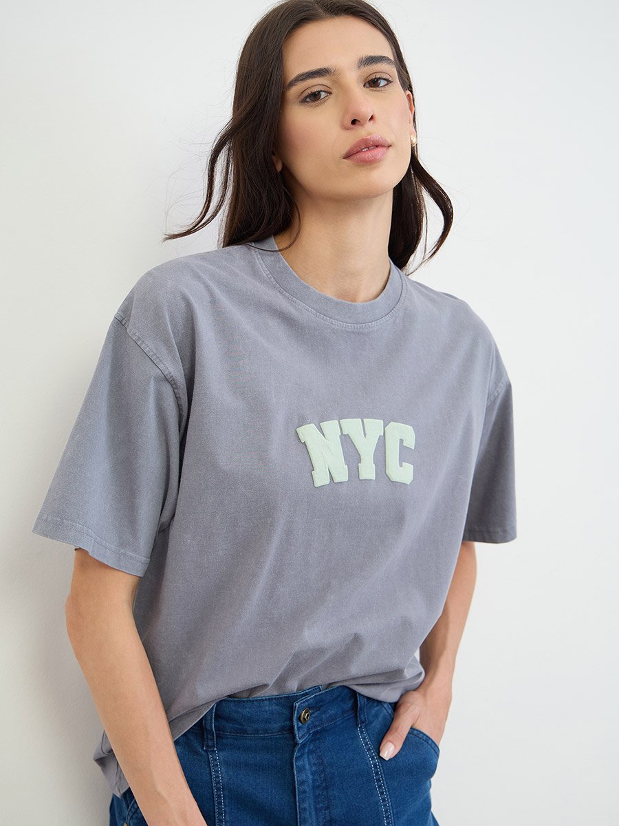 Blue Acid Wash NYC Slogan Cotton T-Shirt