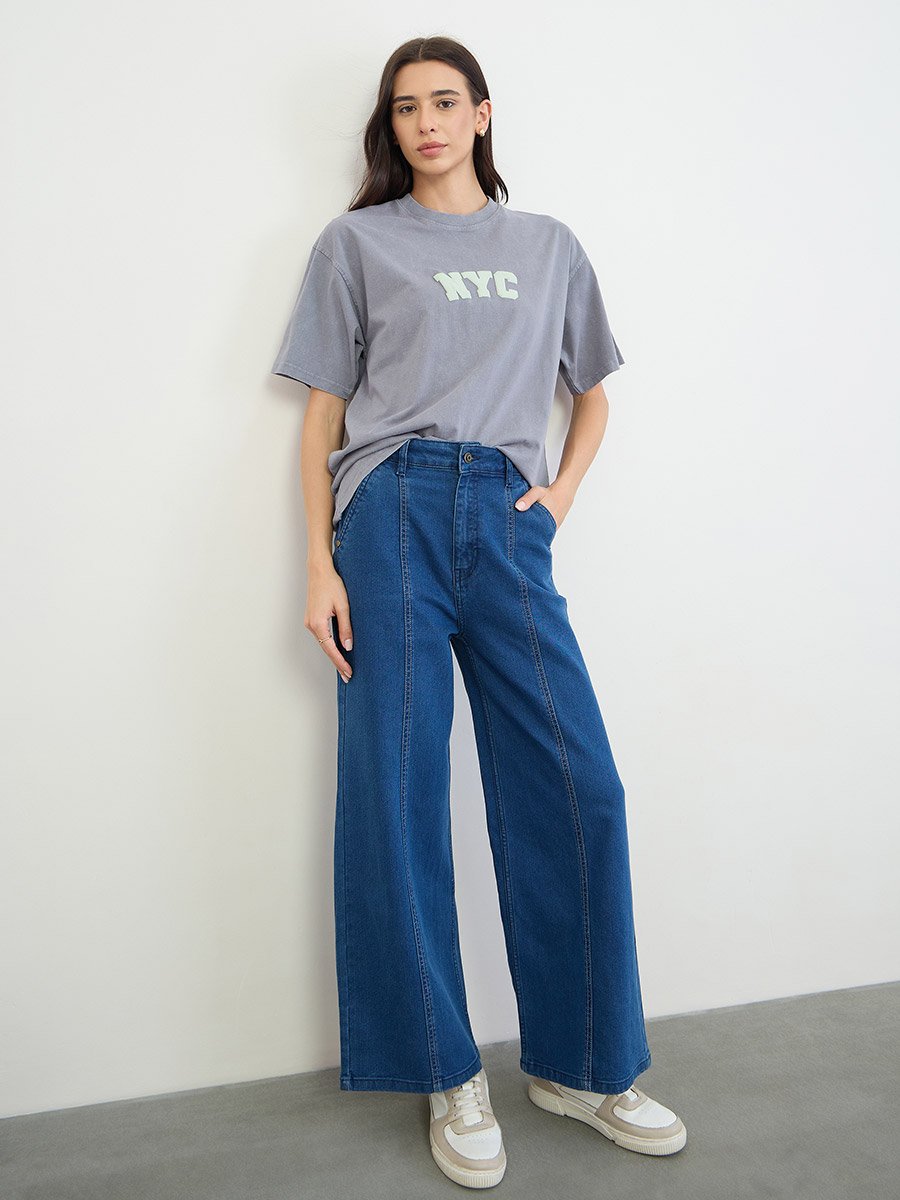 Blue Acid Wash NYC Slogan Cotton T-Shirt