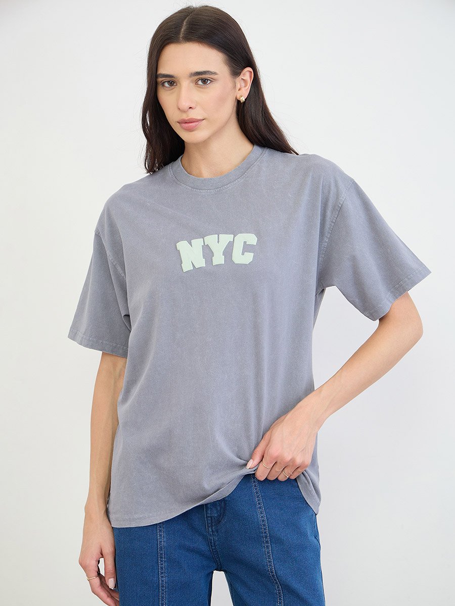 Blue Acid Wash NYC Slogan Cotton T-Shirt