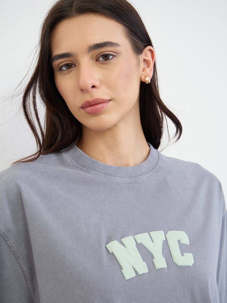 Blue Acid Wash NYC Slogan Cotton T-Shirt