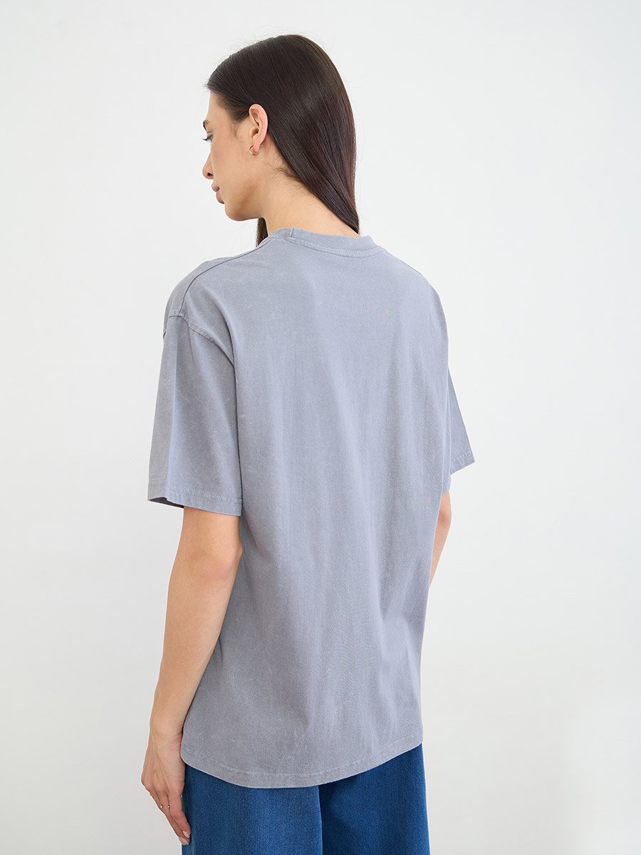 Blue Acid Wash NYC Slogan Cotton T-Shirt