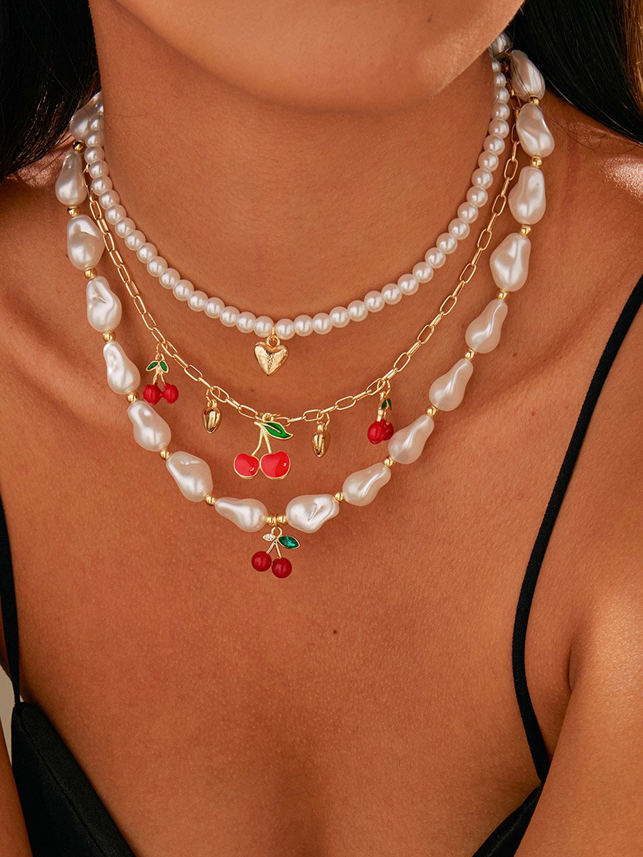 Pack of 3 - Pearl Beaded Necklace with Cherry Charms