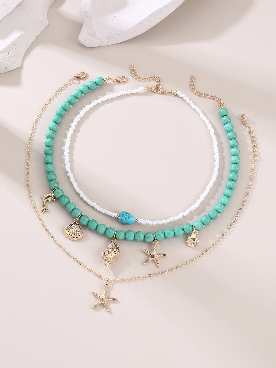Pack of 3 - Teal Beaded Ocean Charm Necklace