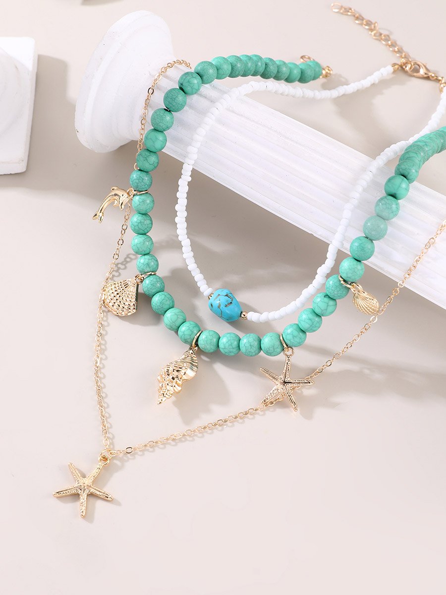 Pack of 3 - Teal Beaded Ocean Charm Necklace