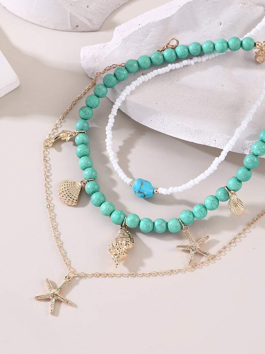Pack of 3 - Teal Beaded Ocean Charm Necklace