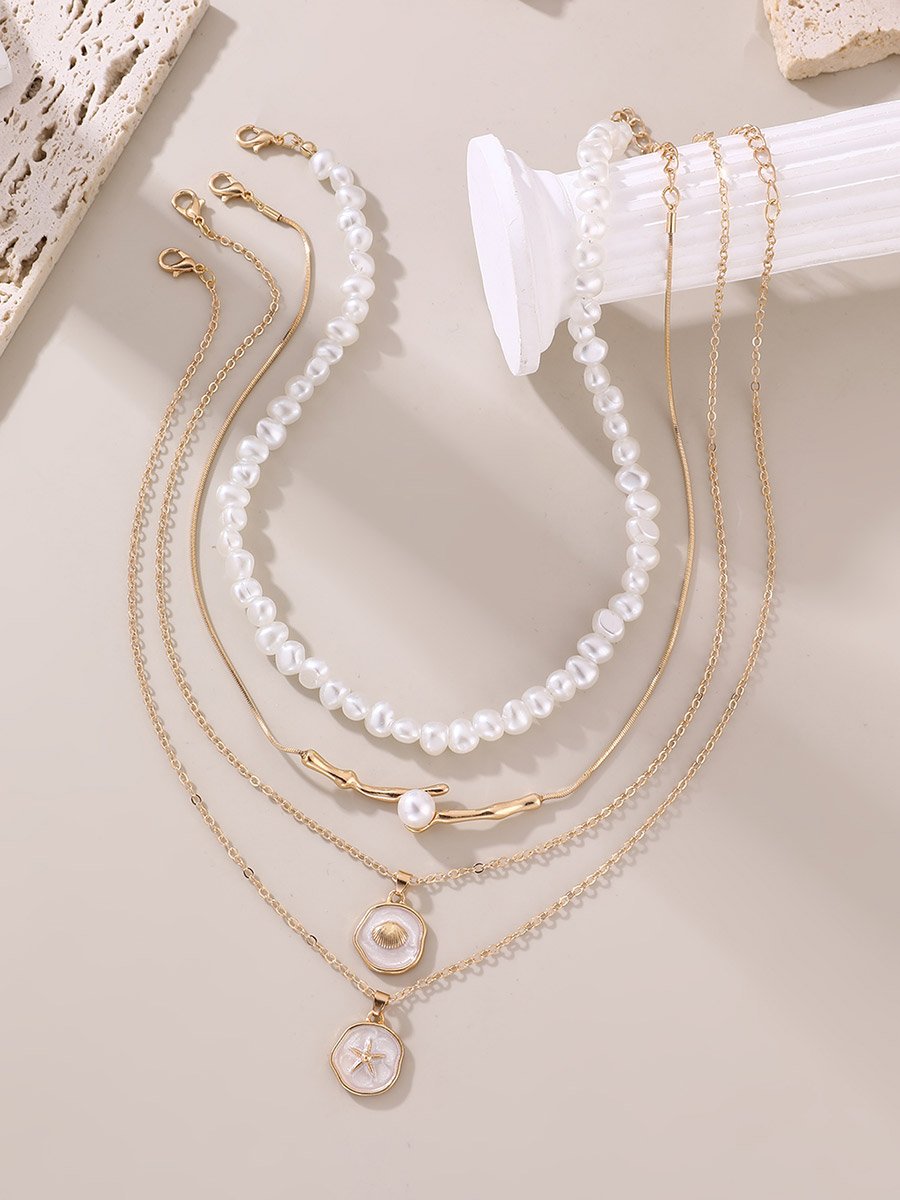 Pack of 4 - White Faux Pearl Beaded Necklace 