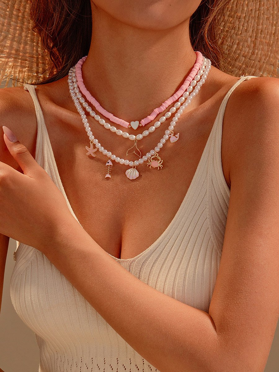 Pack of 3 - Pink Beaded Charm Necklace