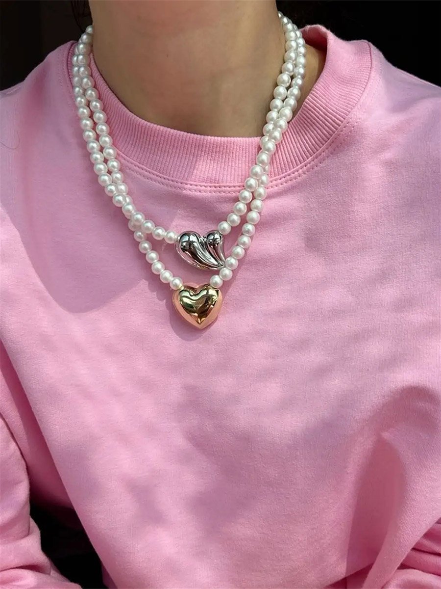Pack of 2 - Pearl Necklace with Heart Pendants