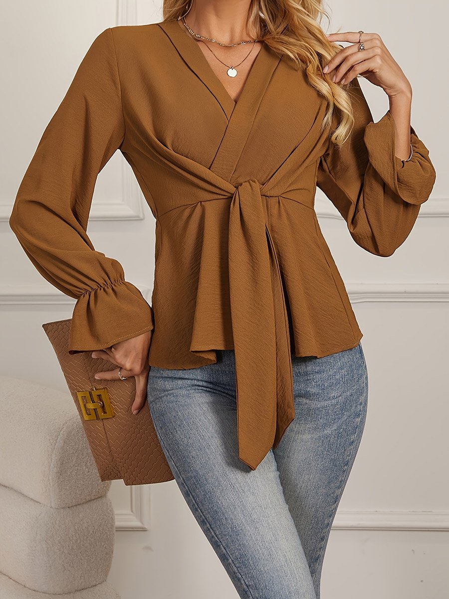 Coffee Brown Tie-Waist Long Sleeve Top