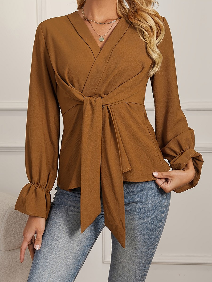 Coffee Brown Tie-Waist Long Sleeve Top