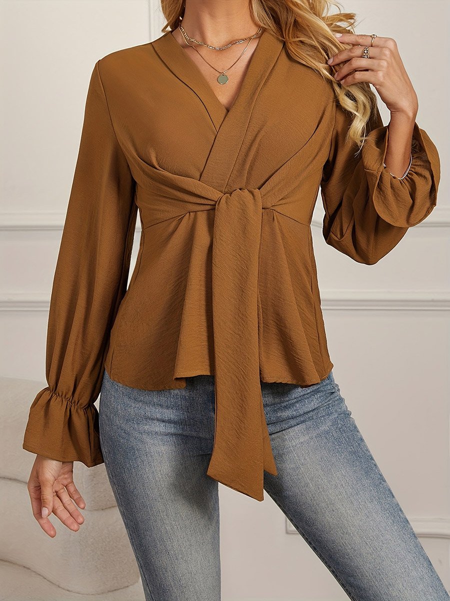 Coffee Brown Tie-Waist Long Sleeve Top