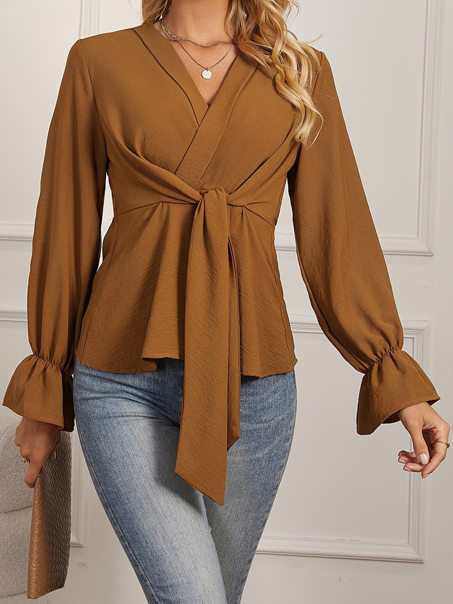 Coffee Brown Tie-Waist Long Sleeve Top