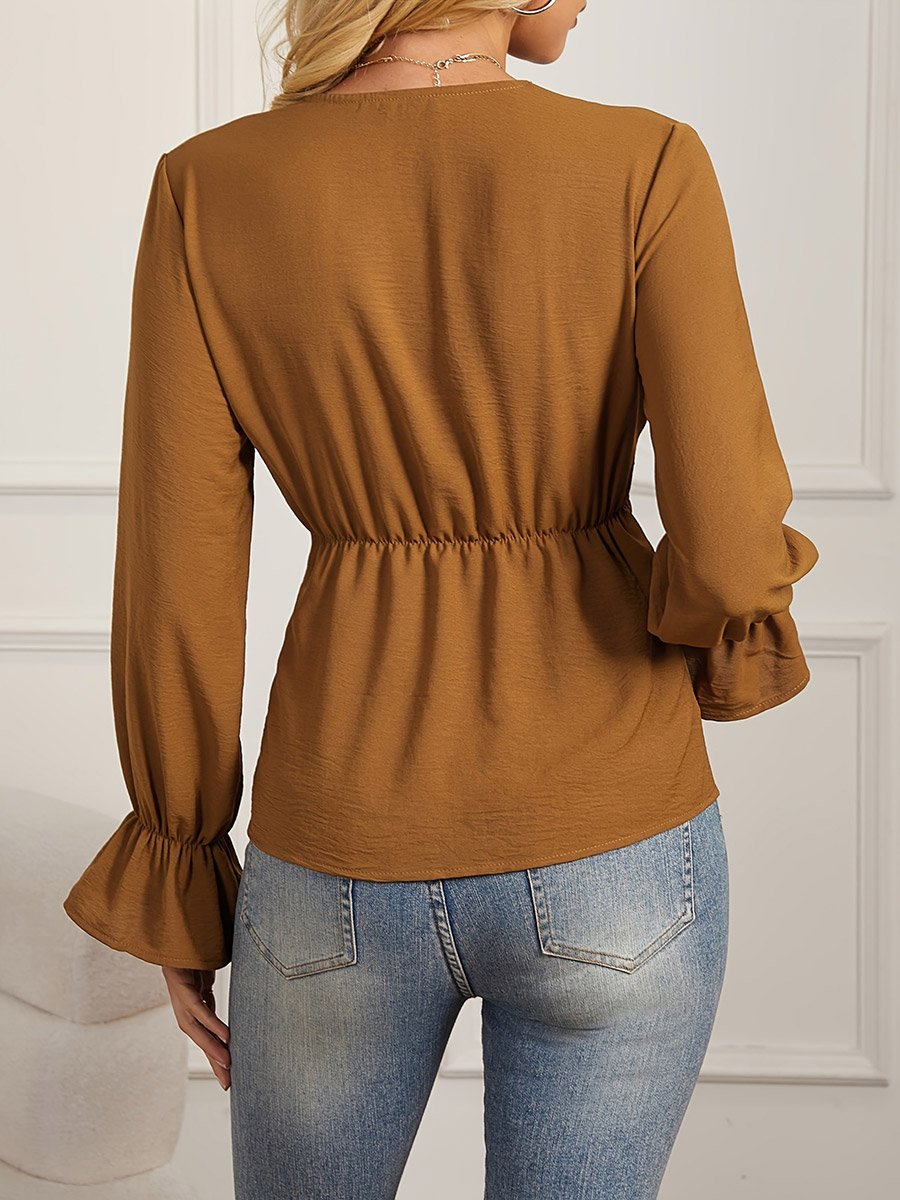 Coffee Brown Tie-Waist Long Sleeve Top