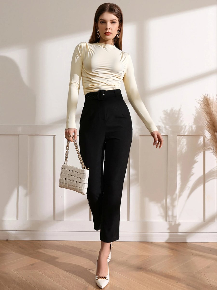 Women Beige Ruched Long Sleeve Top