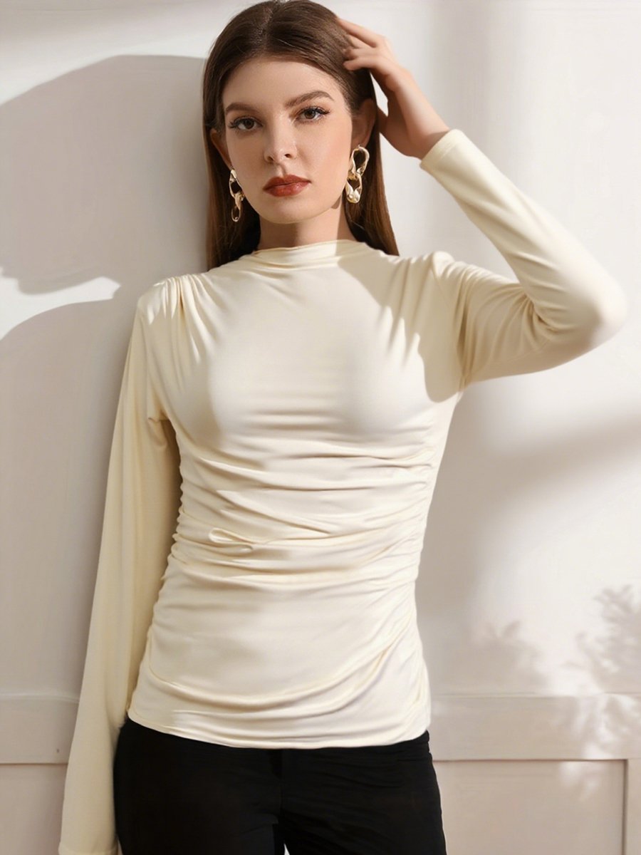 Women Beige Ruched Long Sleeve Top