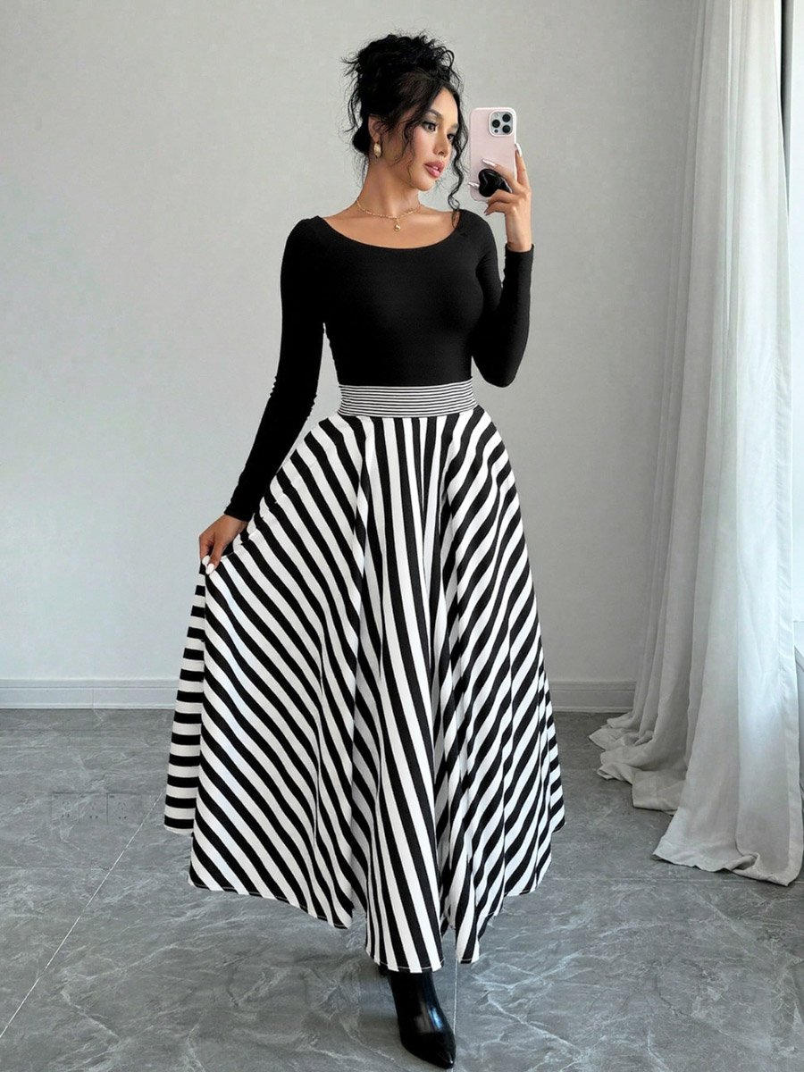 Women Black Striped A-Line Maxi Dress