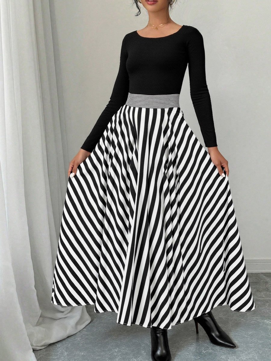 Women Black Striped A-Line Maxi Dress