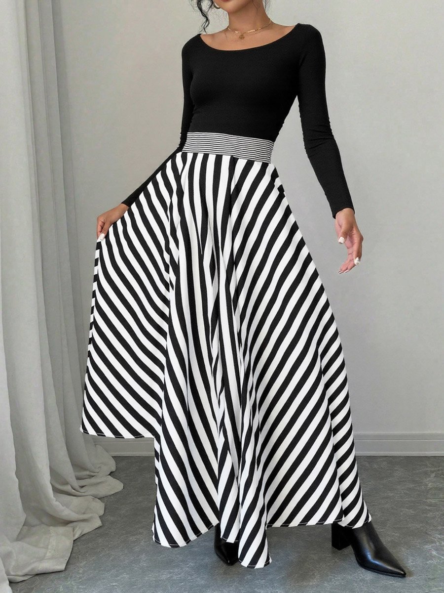 Women Black Striped A-Line Maxi Dress