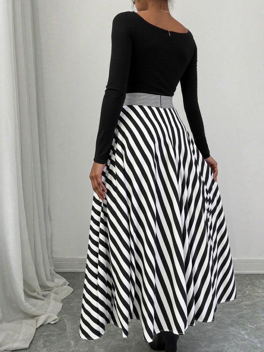 Women Black Striped A-Line Maxi Dress