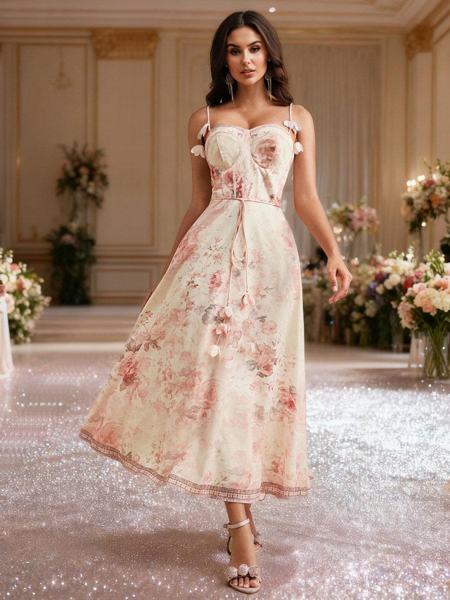 Women Floral Print Strappy Maxi Dress