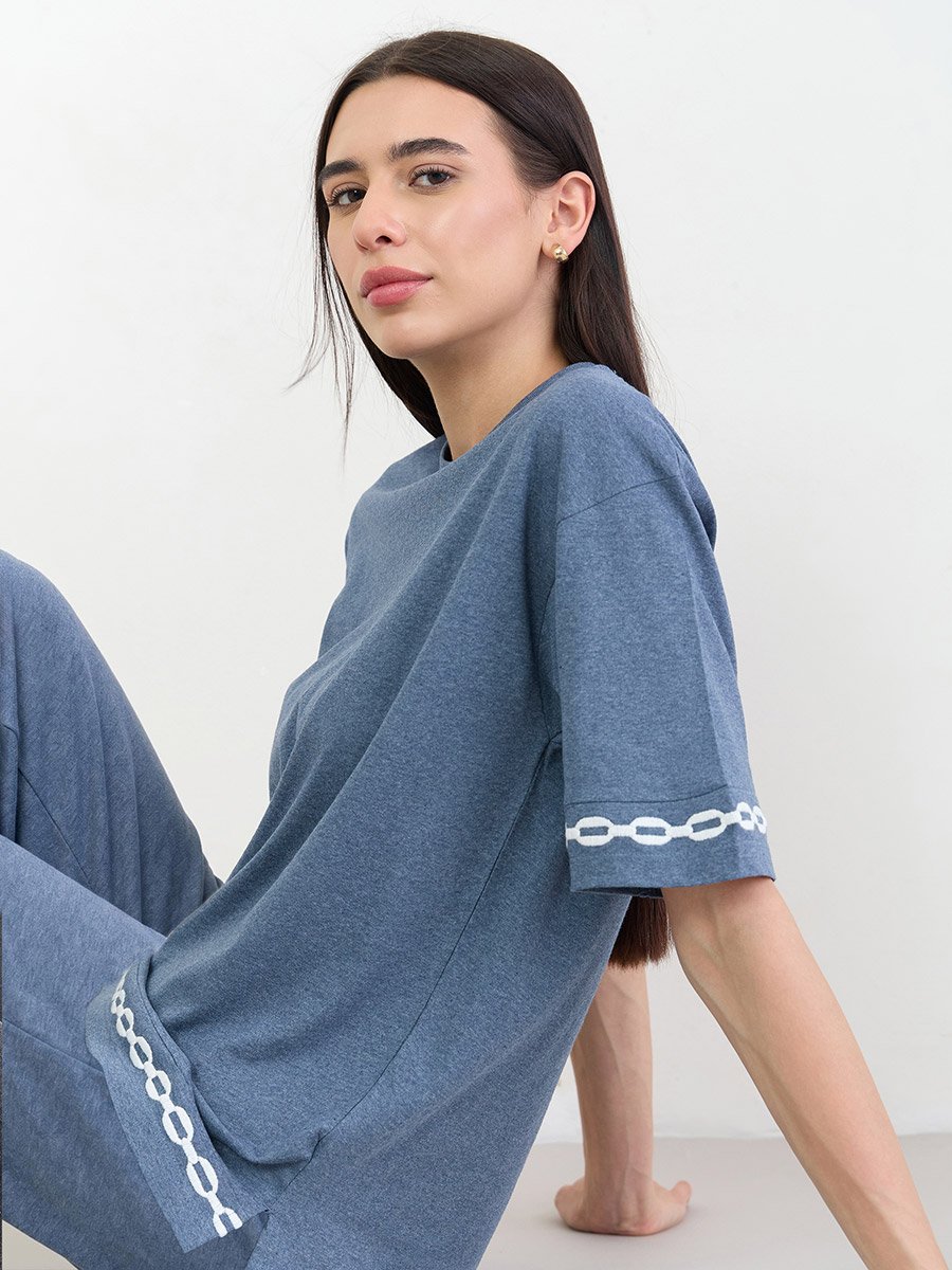 Blue Contrast Emroidery Trim Short Sleeves T-Shirt