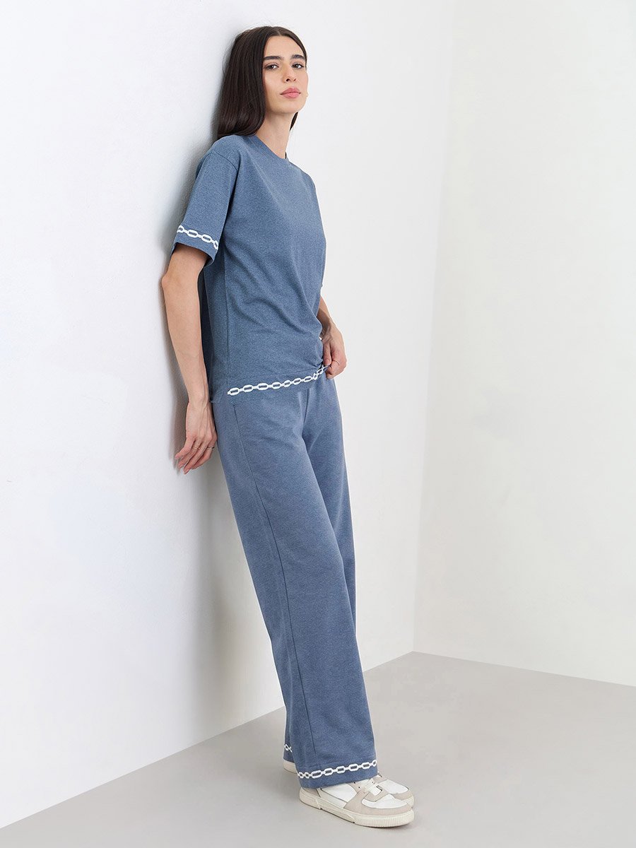 Blue Contrast Emroidery Trim Short Sleeves T-Shirt
