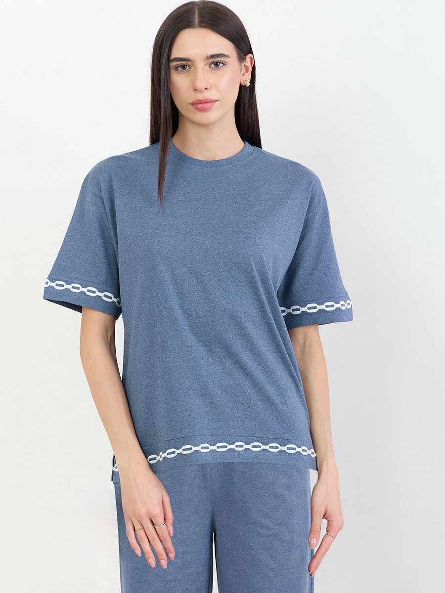 Blue Contrast Emroidery Trim Short Sleeves T-Shirt