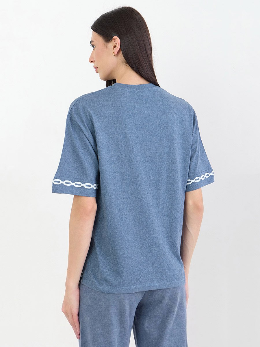 Blue Contrast Emroidery Trim Short Sleeves T-Shirt