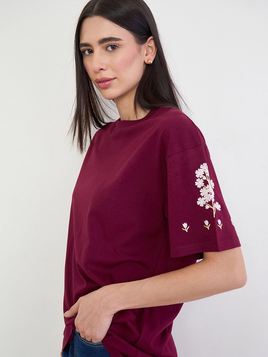 Burgundy Embroidered 100% Cotton Oversized T-Shirt