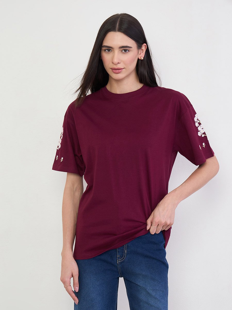 Burgundy Embroidered 100% Cotton Oversized T-Shirt
