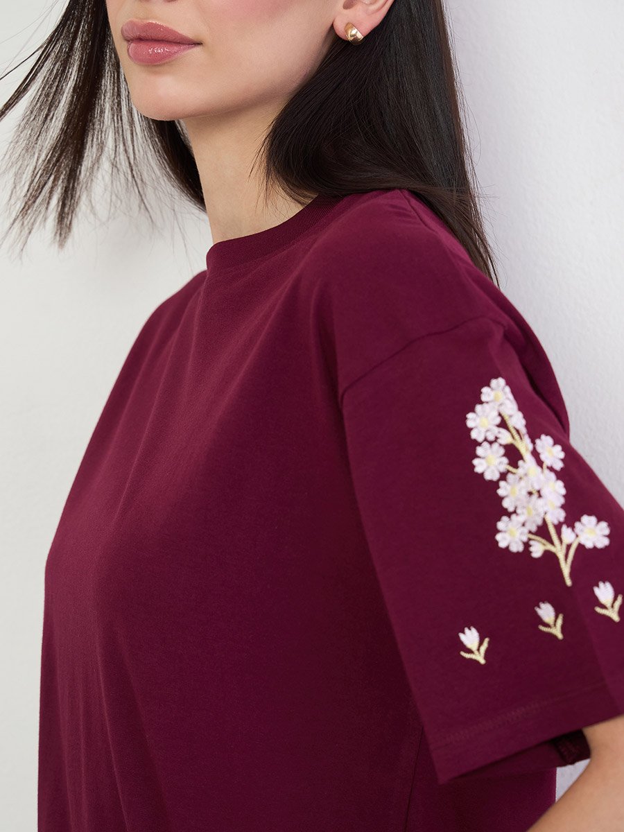 Burgundy Embroidered 100% Cotton Oversized T-Shirt