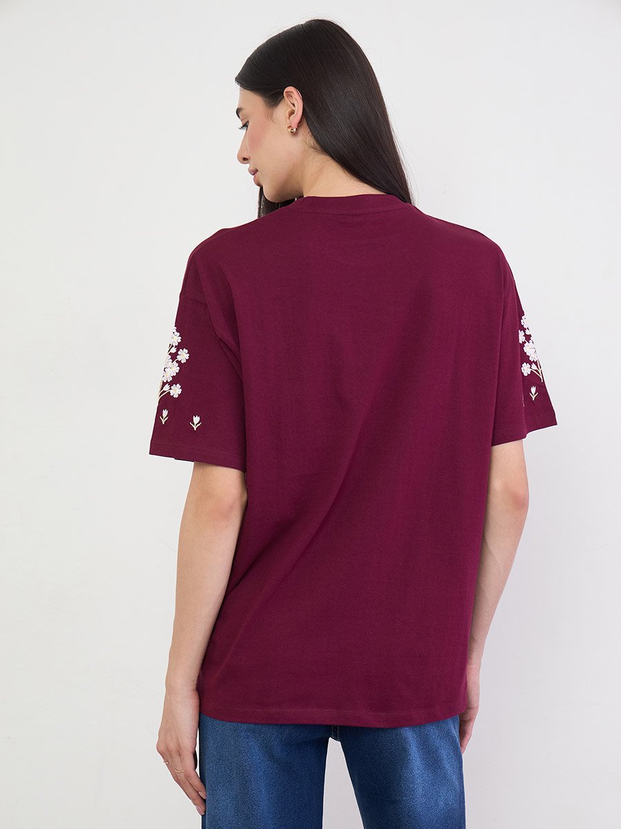 Burgundy Embroidered 100% Cotton Oversized T-Shirt