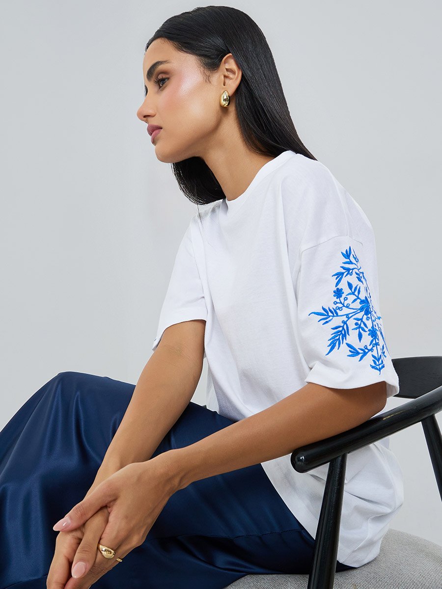 White Embroidered Sleeve 100% Cotton Oversized T-Shirt