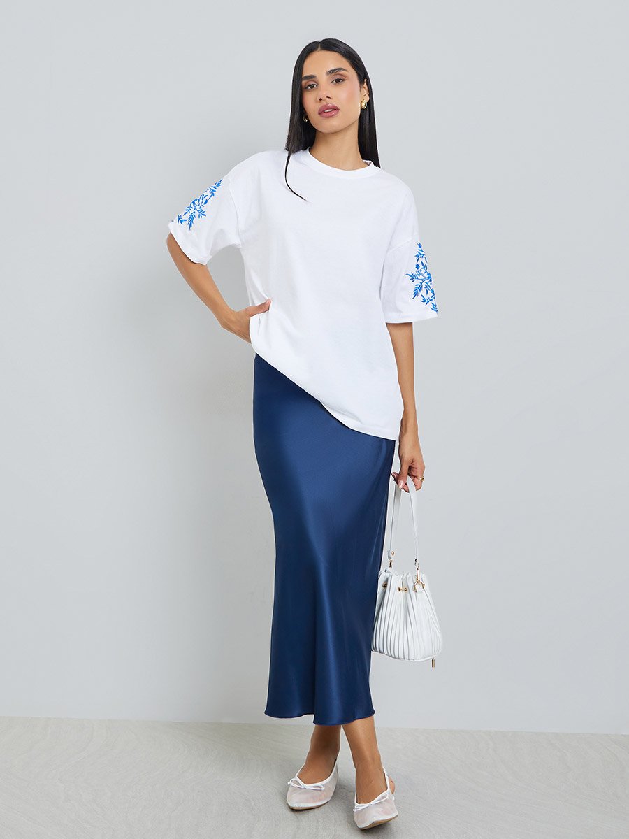 White Embroidered Sleeve 100% Cotton Oversized T-Shirt