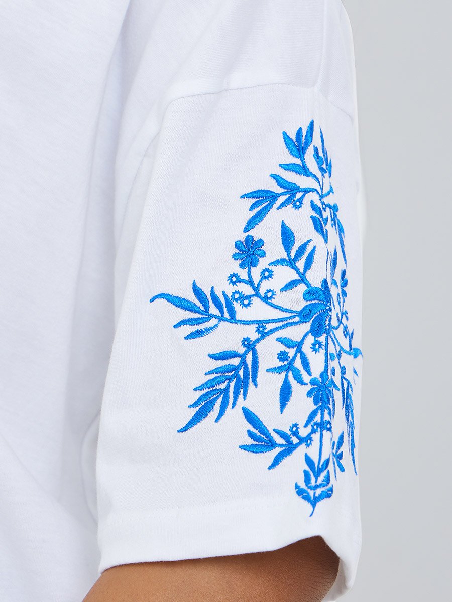 White Embroidered Sleeve 100% Cotton Oversized T-Shirt