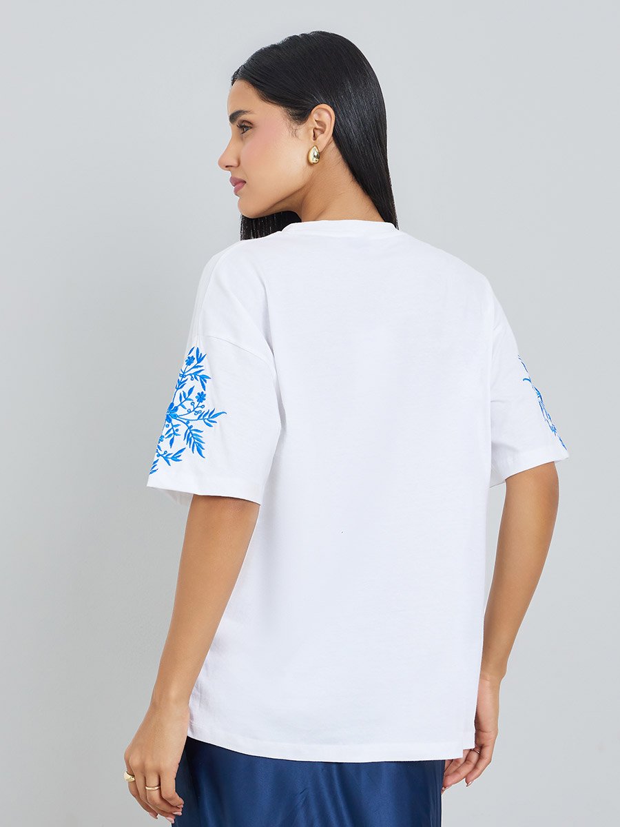 White Embroidered Sleeve 100% Cotton Oversized T-Shirt